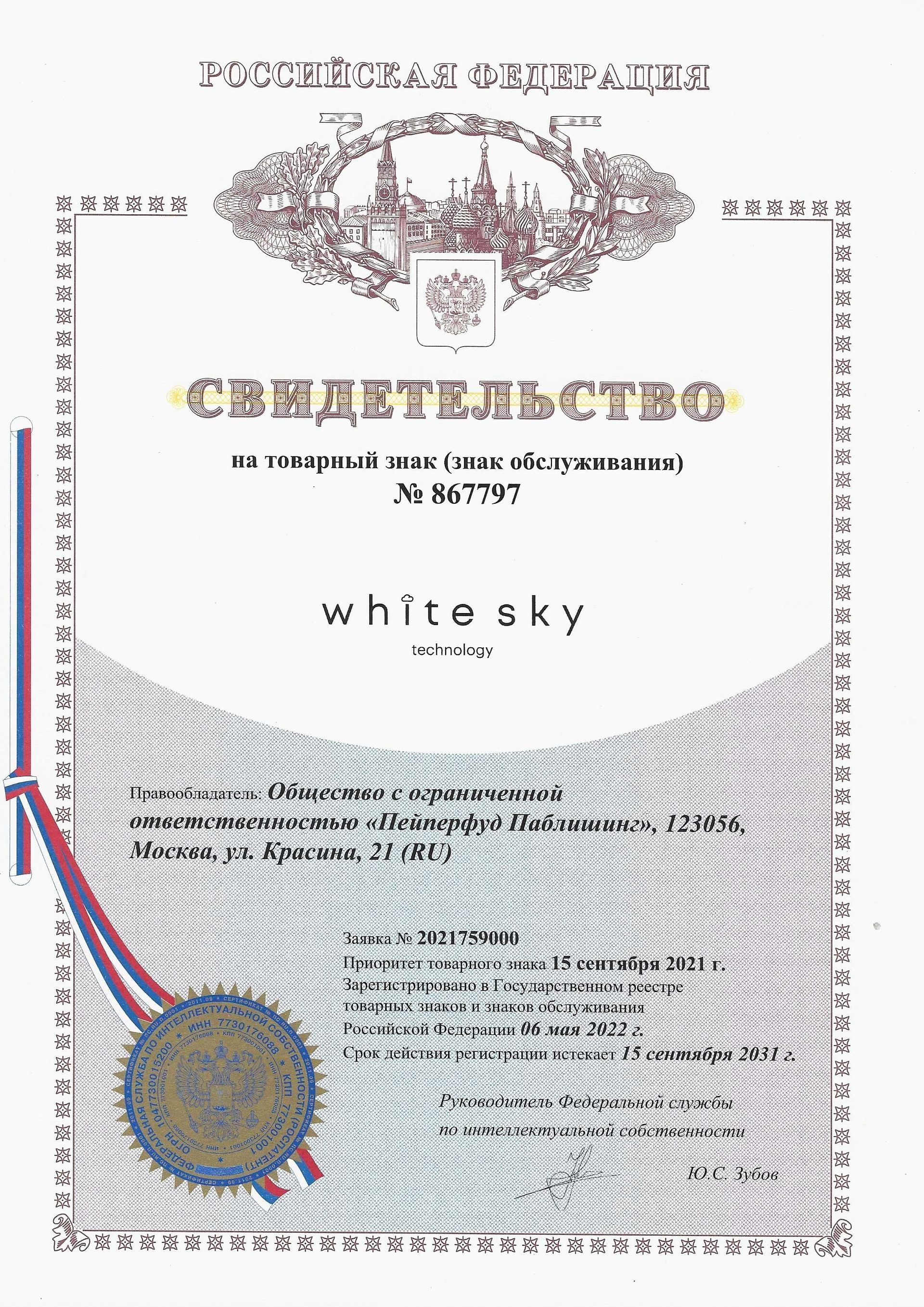 Товарный знак № 867797 – White Sky Technology